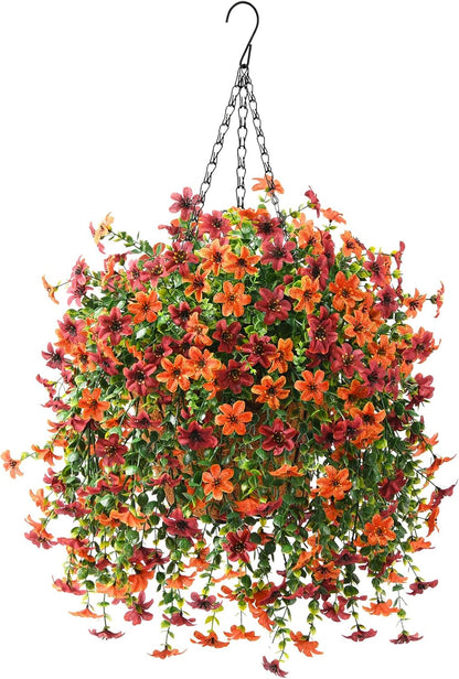 INQCMY Artificial Fake Hanging Plants Flowers Basket for Spring Summer Outdoor Outside Porch Decoration,UV Resistant Faux Silk Violet in Planter for Home Patio Balcony Garden Yard Decor(Red)