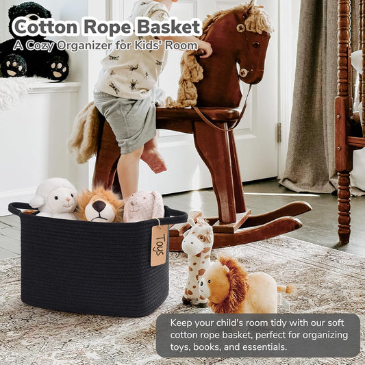 Goodpick Woven Storage Basket, Cotton Rope Basket for Dog Toys, Books, Stylish Gift Basket with Handles, 13 x 10 x 9 Inches Square Baskets for Organizing, Brown and White