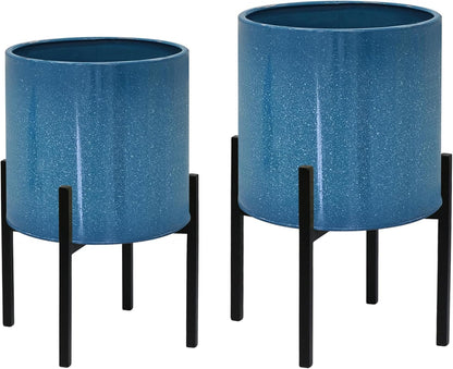 ARNIS Modern Plant Pots, Set of 2 Large Planters with Stand, Decorative Planters, Metal Pots with Drainage Holes for Living Room, Office, Garden or Balcony, 8.25 &10.5 Inch, Dirt