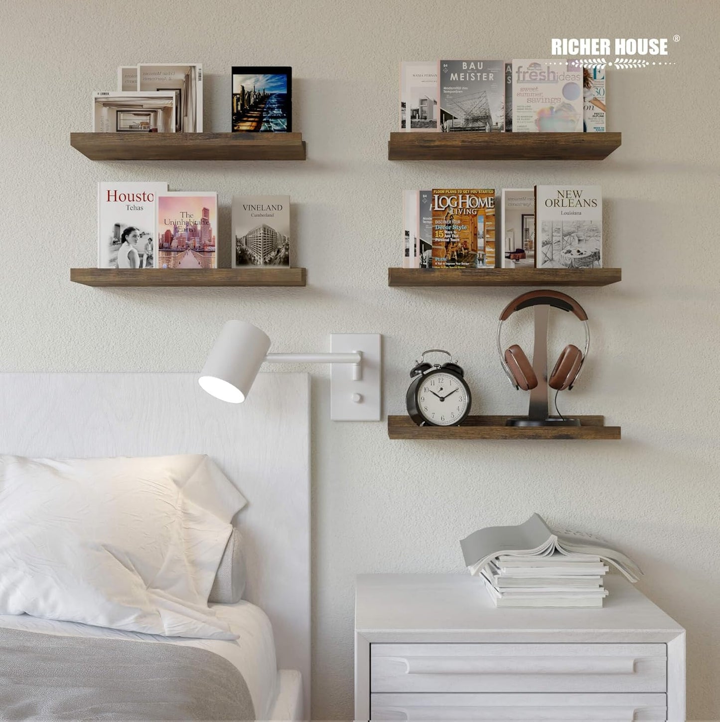RICHER HOUSE 5 Set Floating Wall Mounted Shelves, Black Shelves for Wall Decor, Modern Picture Ledge Shelf with Lip for Storage, Nursery, Bedroom, Living Room, Bathroom - Black