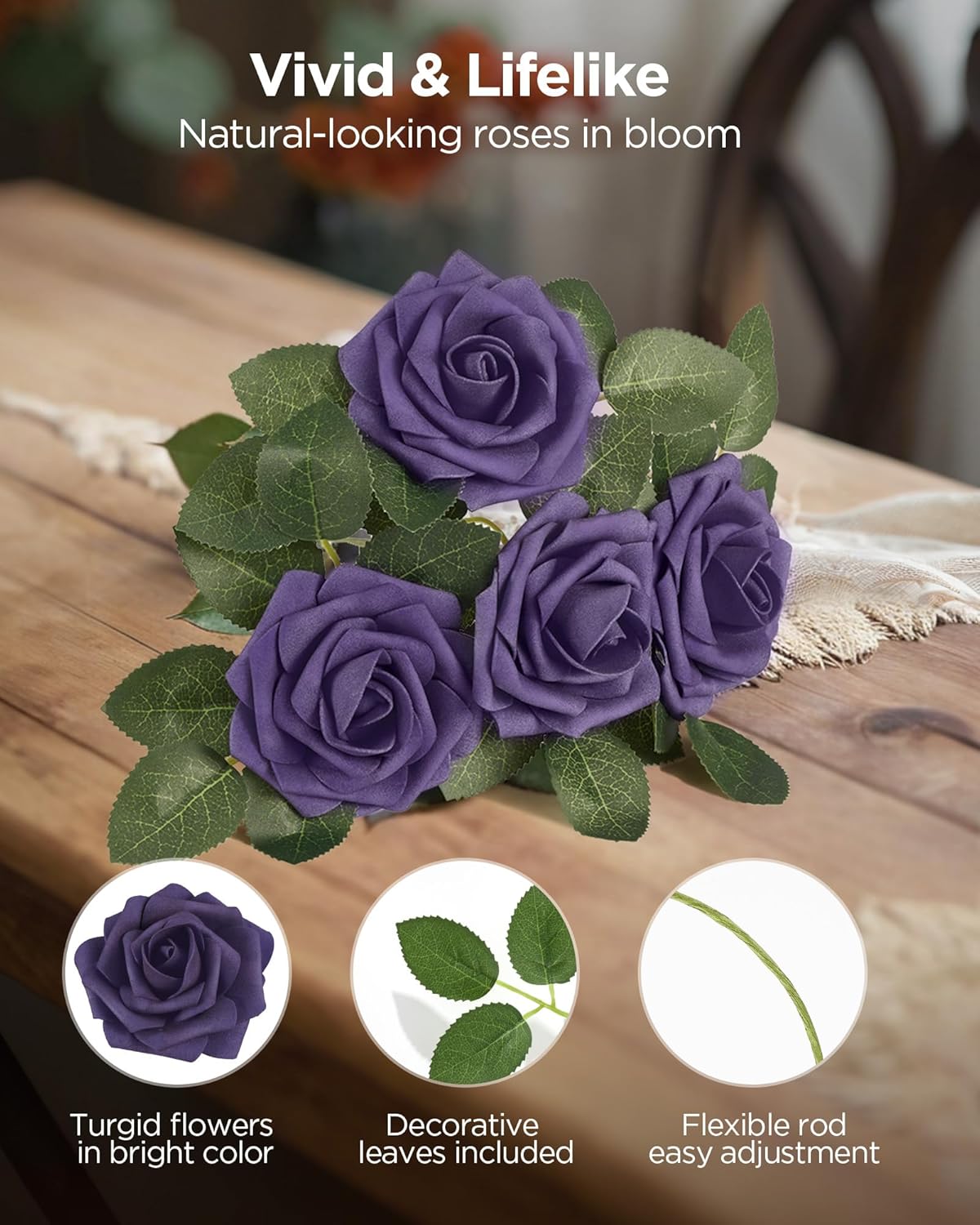 InnoGear Artificial Flowers, 50 Pcs Dark Red Foam Fake Roses Bulk with Stems for Mother's Gift Decoration Celebration DIY Wedding Bouquets Centerpieces Bridal Shower Party Christmas Tree