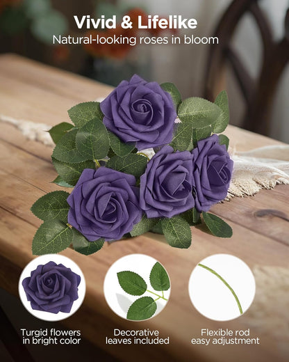 InnoGear Artificial Flowers, 50 Pcs Dark Red Foam Fake Roses Bulk with Stems for Mother's Gift Decoration Celebration DIY Wedding Bouquets Centerpieces Bridal Shower Party Christmas Tree