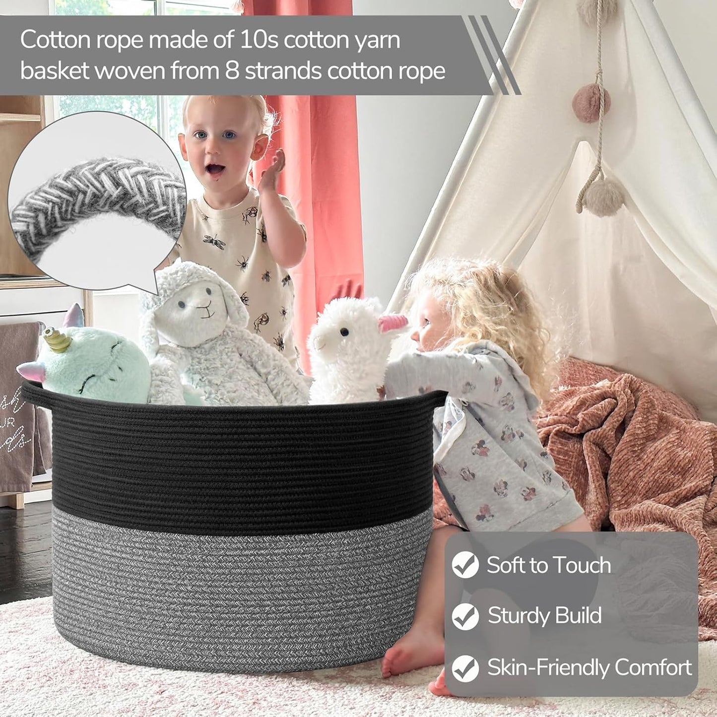 INDRESSME XXXLarge Blanket Basket for Living Room 21.7" x 21.7" x 13.8"-Storage Basket with Handle for Organizing Toy Pillows Woven Cotton Rope Laundry Basket Stuffed Animal Toy Storage for Play Room