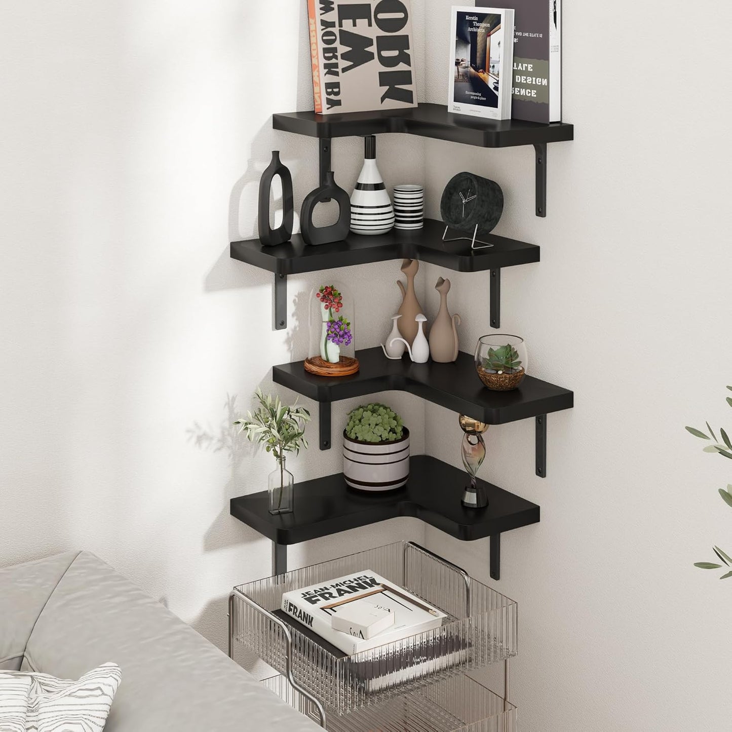 Venusmiles Corner Floating Shelves Set of 4, Wall Mounted L-Shaped Storage - Maximize Unused Corner Space in Bathroom, Kitchen, Bedroom, Office, Dark Carbonized