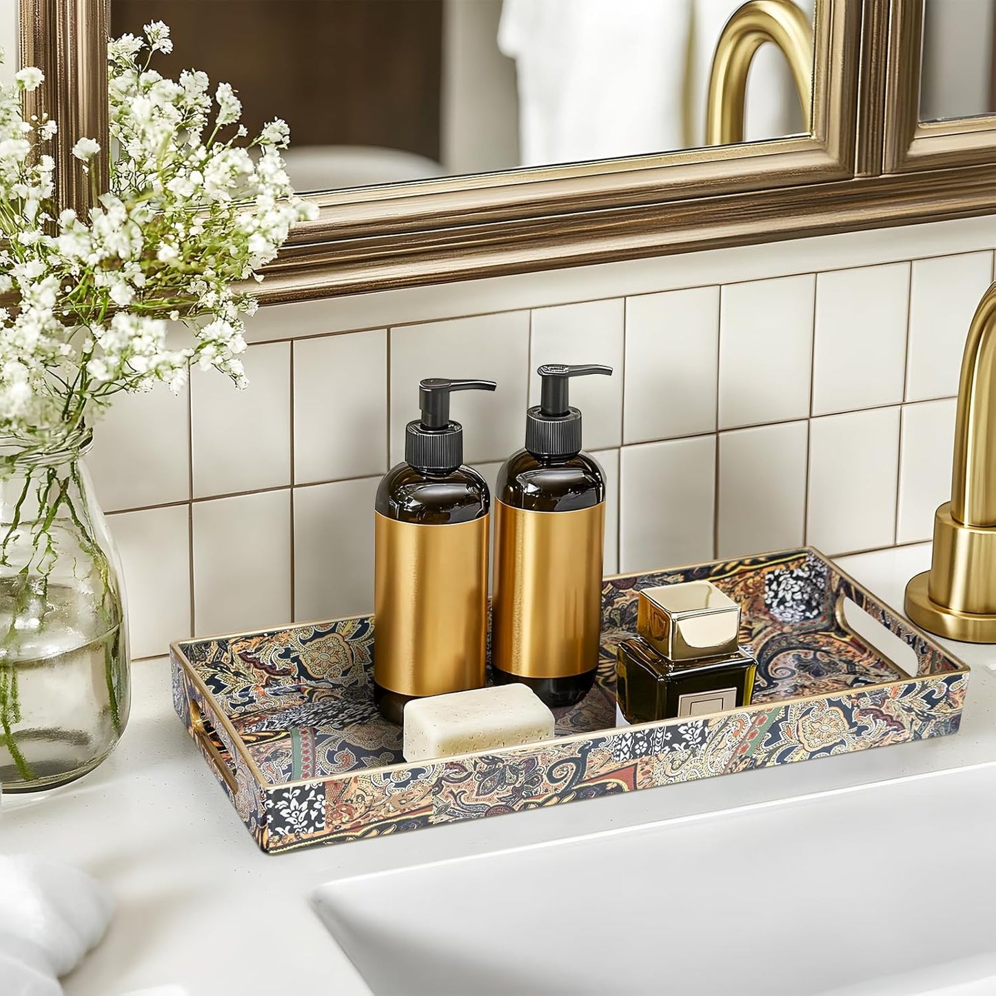 MAONAME White Decorative Tray, Plastic Serving Tray with Handles, Rectangular Moroccan Trays, Long Narrow Trays for Bathroom, Kitchen Counter, 13.8" X 6" X 1.57"
