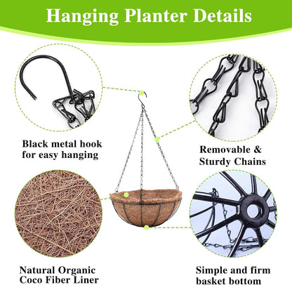 EIMQUVW Metal Hanging Planters Basket Set of 4 Hanging Flower Pots 10 Inch Chain Round Wire Plant Holder with Coco Coir Liner Garden Watering Hanging Baskets for Patio Garden Outdoor1