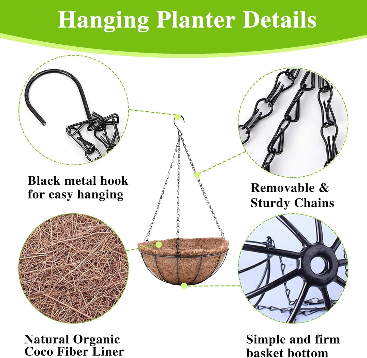 EIMQUVW 4 Pack Hanging Planter Basket with Coco Coin Liner 8 inch Hanging Flower Pots Outdoor Decorative Round Wire Plant Holder with Chain Metal Hanging Baskets for Plants Outdoor