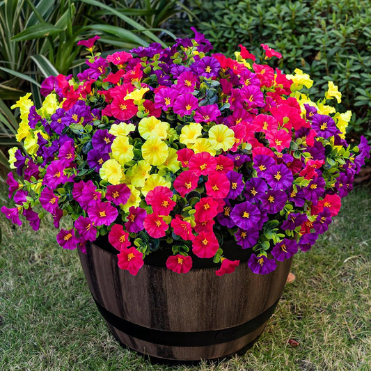 Nigirior Artificial Faux Flowers for Outdoor 16 Bundles Boxwood Fake Morning Glory for Planter,UV Resistant Fake Flowers for Home Porch Patio Outside（8 Color）