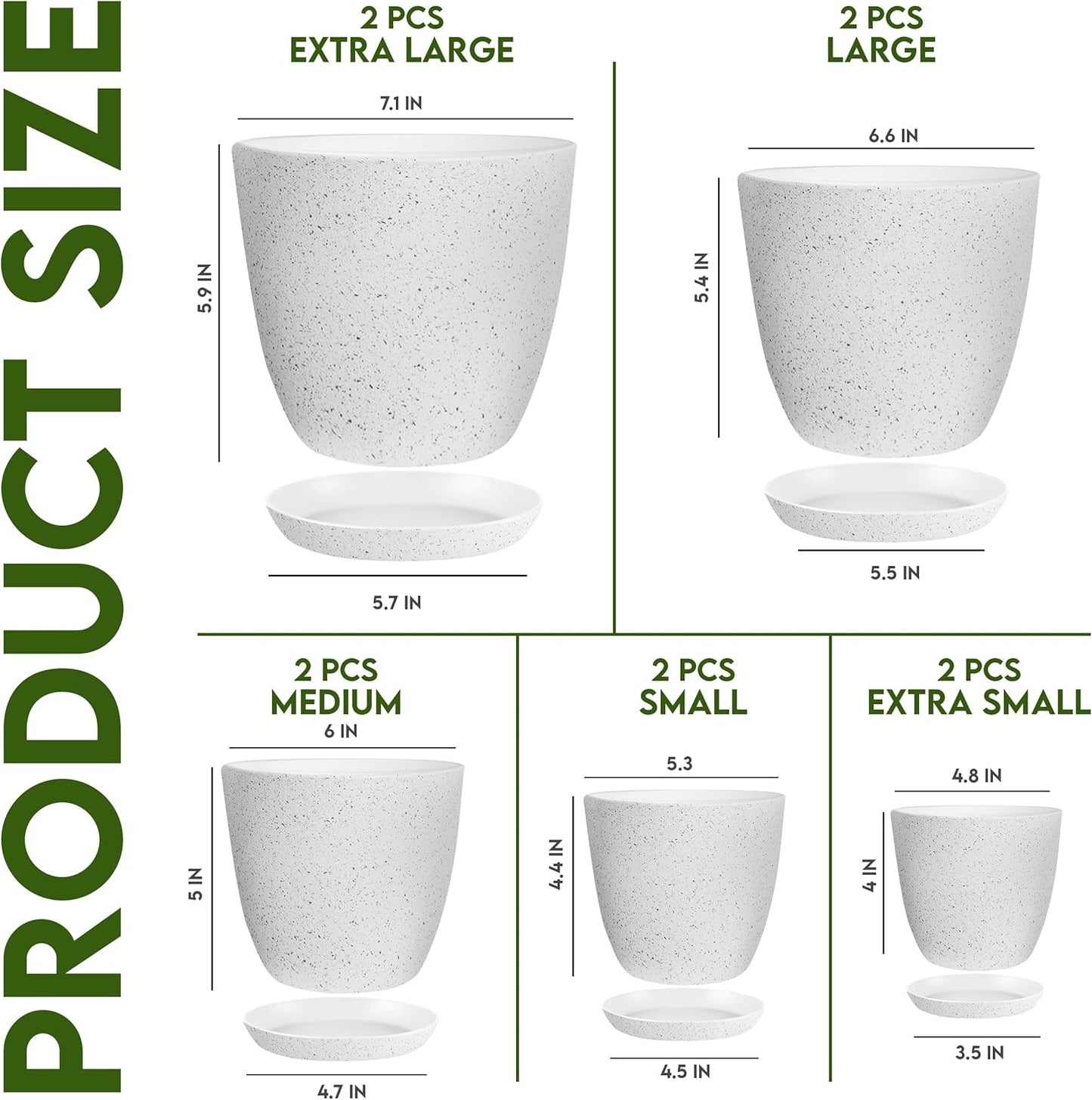 Utopia Home Plant Pots Indoor with Drainage Holes – Set of 5 White Plastic Flower Pots (7/6.6/6/5.3/4.8 Inch) – Modern Planters for Indoor Plants, Room & Office Décor, Great Stocking Stuffers