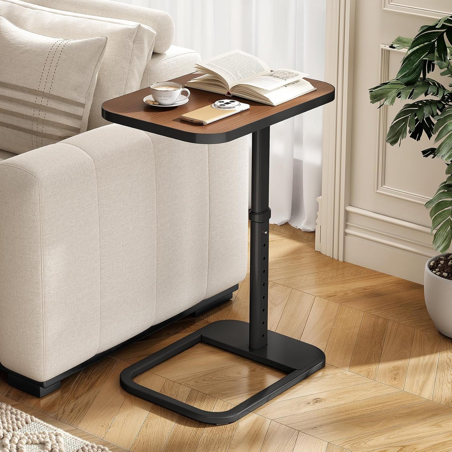 Kitstorack TV Tray Table, Adjustable Height & Flip-Top & Rounded Metal Corners, Snack Table for Couch, Sofa, Bed, Chair, Living Room, C Shaped End Side Table for Eating, Dinner or Laptop, Small Spaces