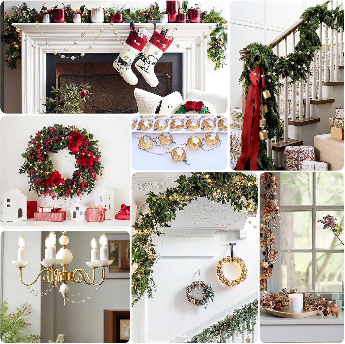 LEFERS 9.8Ft Crystal Glass Balls Christmas Garland,48 Beads 16mm Faceted Prism Beads Strands Hanging Ornament Decoration for Christmas Tree Centerpieces Wedding Party (Gold)