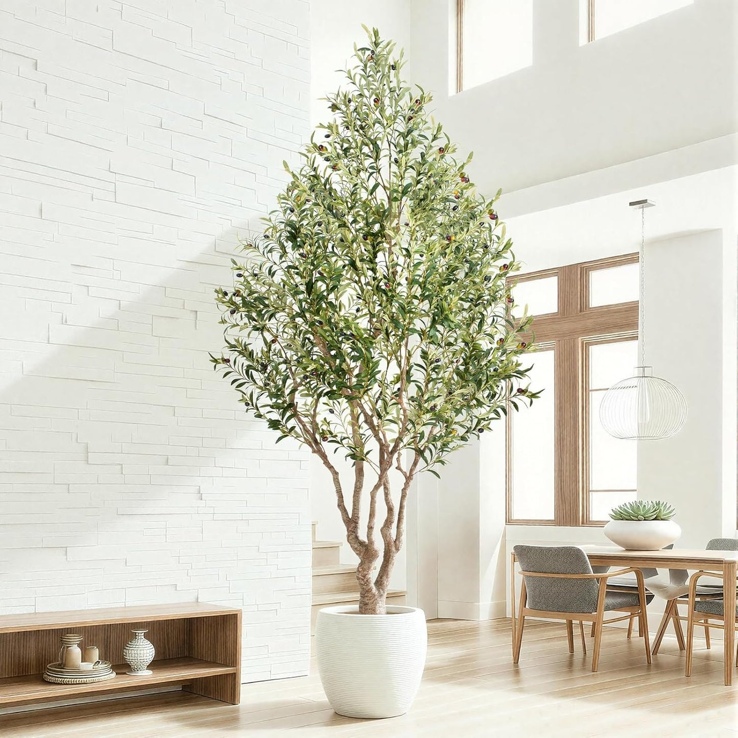 8ft Faux Olive Tree - Large Artificial Olive Tree with Realistic 1750 Leaves and 145 Olives - Lush and Elegant Fake Olive Tree with for Indoor Outdoor Office Living Room Decor