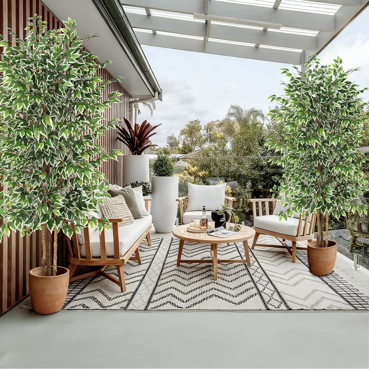 GTIDEA 6ft Artificial Tree Ficus, Tall Faux Trees Indoor with Natural Trunk and Fake Silk Tree Fake Plants for Home Spring Decor Living Room Outdoor Balcony House Office (Included Dried Moss)