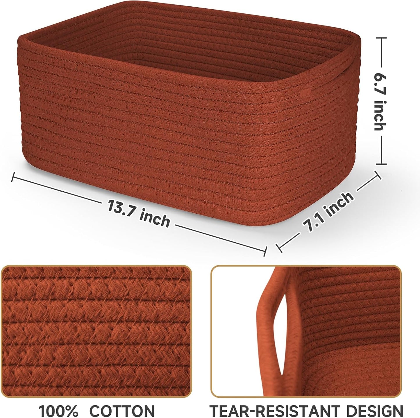 3-Pack Small Storage Baskets for Organizing | Woven Shelf Toy Basket | Rope Baskets for Gifts Empty | Closet Organizer Bins with Handles | Cube Decorative Box | 11.8×7.8×5.1” | Mixed brown