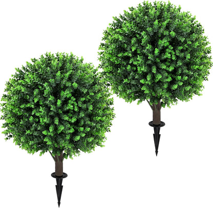 Artificial Red Eucalyptus Topiary Ball Tree 24" with Ground Spike, Set of 2 Artificial Boxwood Bushes for Faux Shrubs, Fake Evergreen Faux Plant for Indoor Outdoor Garden -UV Resistant–Fade-Proof