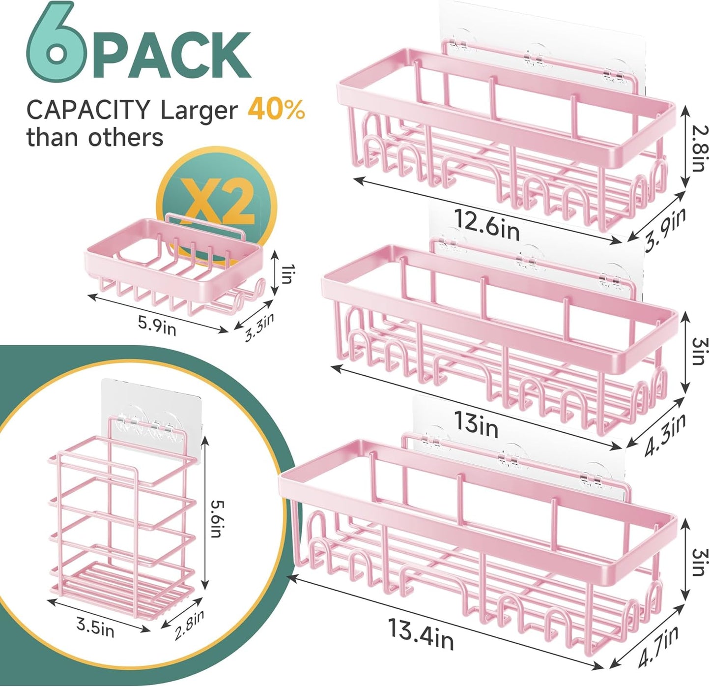 Veken Shower Caddy 6-Pack, Advanced Rustproof Design, No Drilling Adhesive Shelves, Rack with Soap Holder, Large Capacity Bathroom Organizers and Storage, Wall-Mounted Kitchen & Home Decor