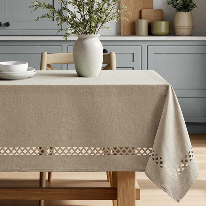 MIULEE Beige Rectangle Linen Polyester Tablecloth with Decorative Cutouts Spring Waterproof Stain Resistant & Shrink-Proof Table Cloth 52x70 inch Farmhouse Style for Dining Wedding and Outdoor