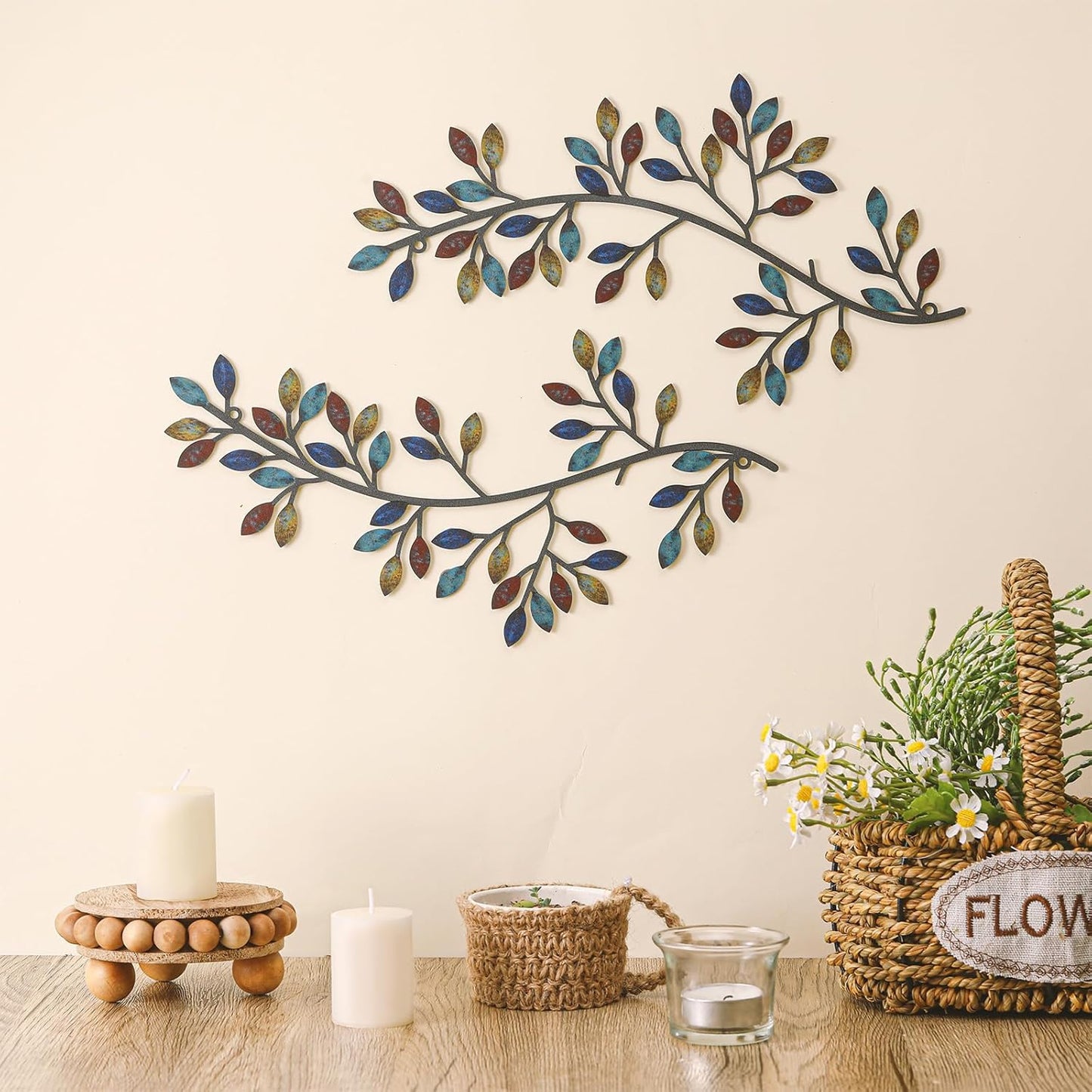 Hotop 2 Pieces Metal Tree Leaf Wall Decor Vine Olive Branch Leaf Wall Art Wrought Iron Scroll Sculptures Above the Bed, Living Room, Outdoor Decoration (Classic Style,Black)