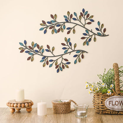Hotop 2 Pieces Metal Tree Leaf Wall Decor Vine Olive Branch Leaf Wall Art Wrought Iron Scroll Sculptures Above the Bed, Living Room, Outdoor Decoration (Classic Style,Black)