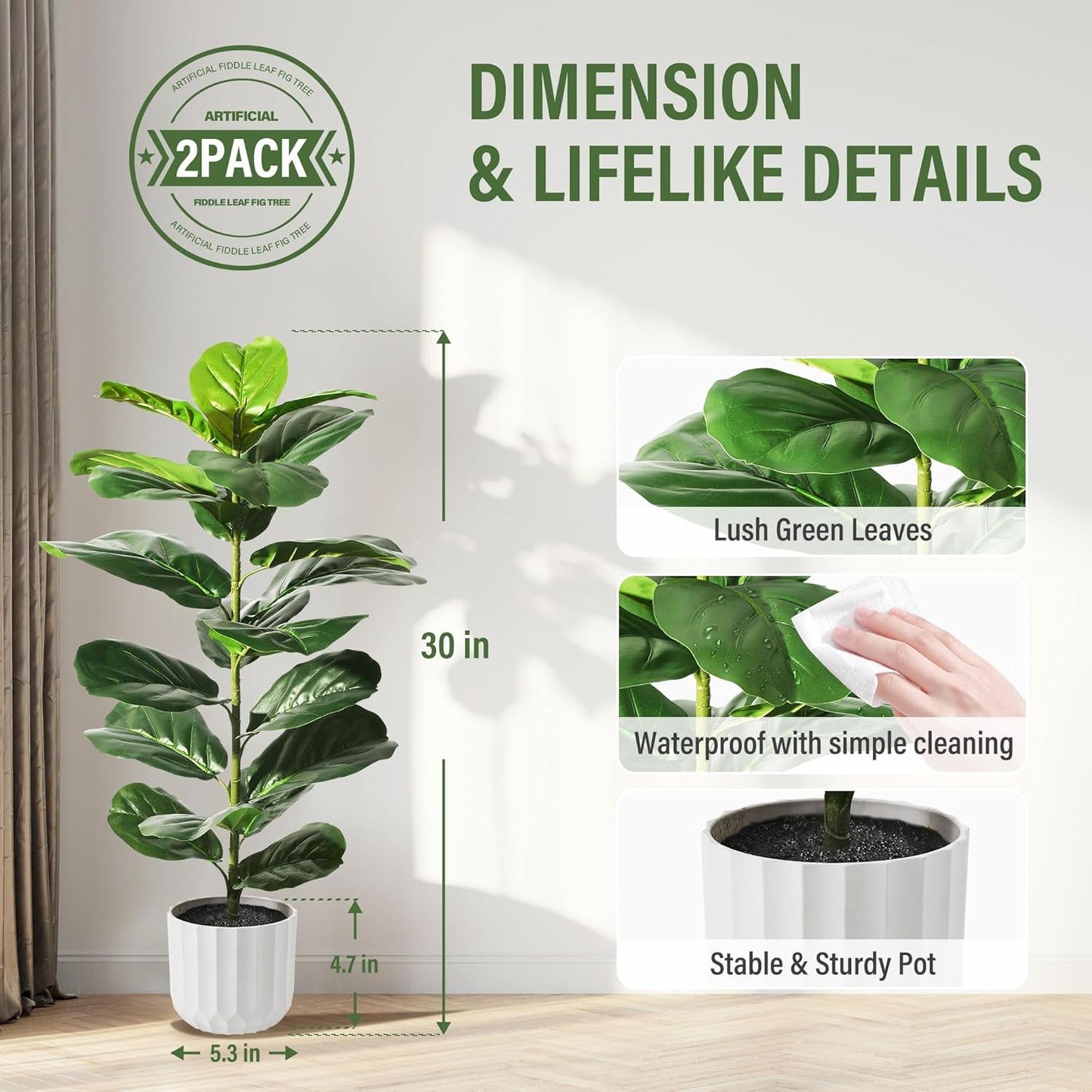 Suntee 2 Pack Artificial Fiddle Leaf Fig Tree, 30" Ficus Lyrata Fake Plants with Pots, Floor Plant Outdoor Faux Plants for Living Room, Corner, Office, Patio, Windowsill Decor