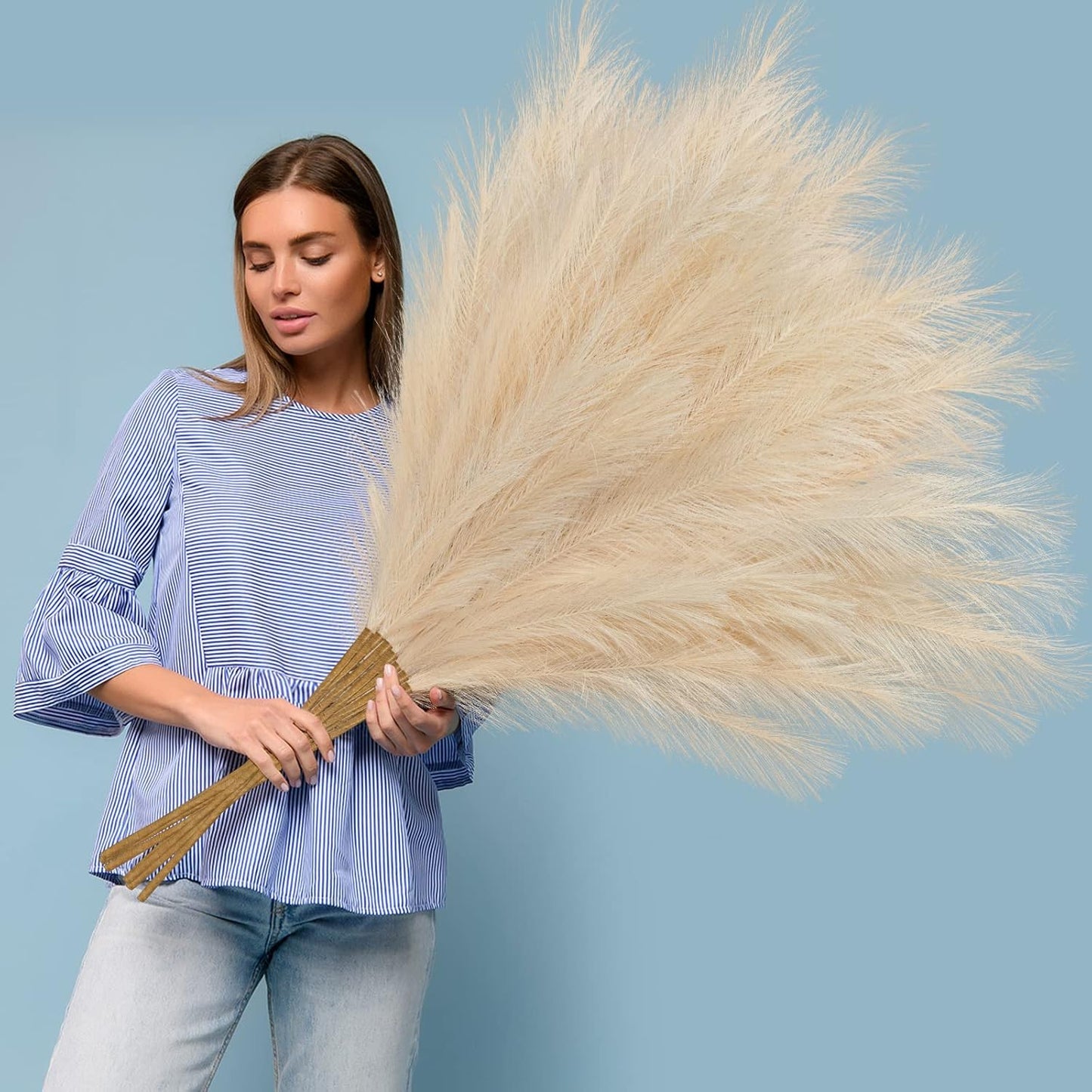 Ouddy Decor 8 Pcs Faux Pampas Grass Decor 38''/97cm Tall Artificial Large Pompous Pompas Floral Fluffy Fake Plants Floor Vase Filler for Wedding Kitchen Home Boho Decorations, Mixed Beige