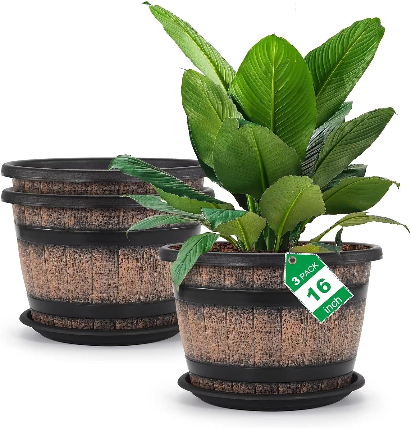 Quarut 3 Pack 10 inch Plant Pots,Whiskey Barrel Planters with Drainage Holes & Saucer, Plastic Decoration Flower Pots Imitation Wine Barrel Design, for Indoor & Outdoor Garden Home Plants (Brown)