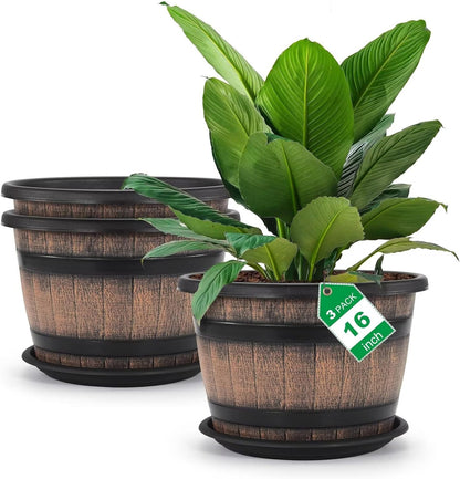 Quarut 3 Pack 10 inch Plant Pots,Whiskey Barrel Planters with Drainage Holes & Saucer, Plastic Decoration Flower Pots Imitation Wine Barrel Design, for Indoor & Outdoor Garden Home Plants (Brown)