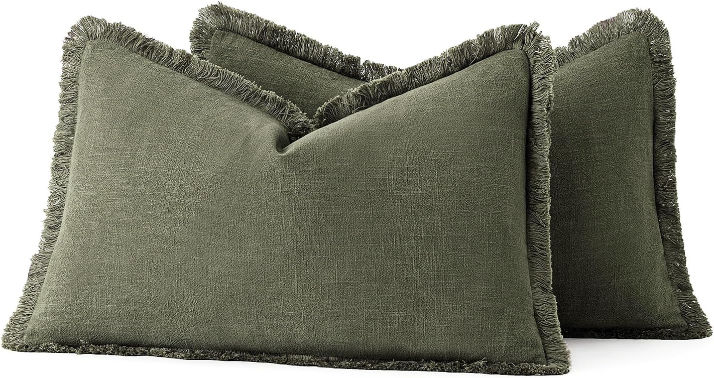 MIULEE Decorative Throw Pillow Covers Neutral Linen Fringe Throw Pillows Set of 2 Natural Beige Boho Farmhouse Cushion Covers with Tassels for Couch Sofa Bed Spring Home Decor 20x20 Inch
