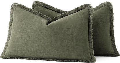 MIULEE Decorative Throw Pillow Covers Neutral Linen Fringe Throw Pillows Set of 2 Natural Beige Boho Farmhouse Cushion Covers with Tassels for Couch Sofa Bed Spring Home Decor 20x20 Inch