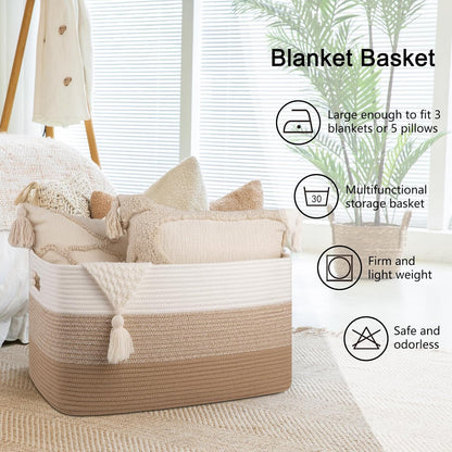 OIAHOMY Large Blanket Basket, 22”x17”x12” Rectangle Woven Baskets, Nursery Blanket Storage Living Room, Toy Storage With Handle, Large Baskets for Organizing-Gradient Yellow