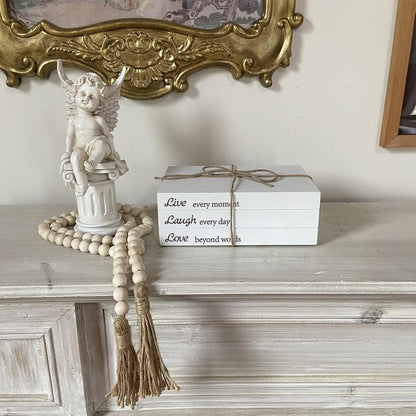 Decorative Books for Home Decor, White Faux Books for Decoration, Rustic Farmhouse Stacked Display Books with 52in Wood Bead Garland for Coffee Tables Living Room (TAKE TIME to DO)