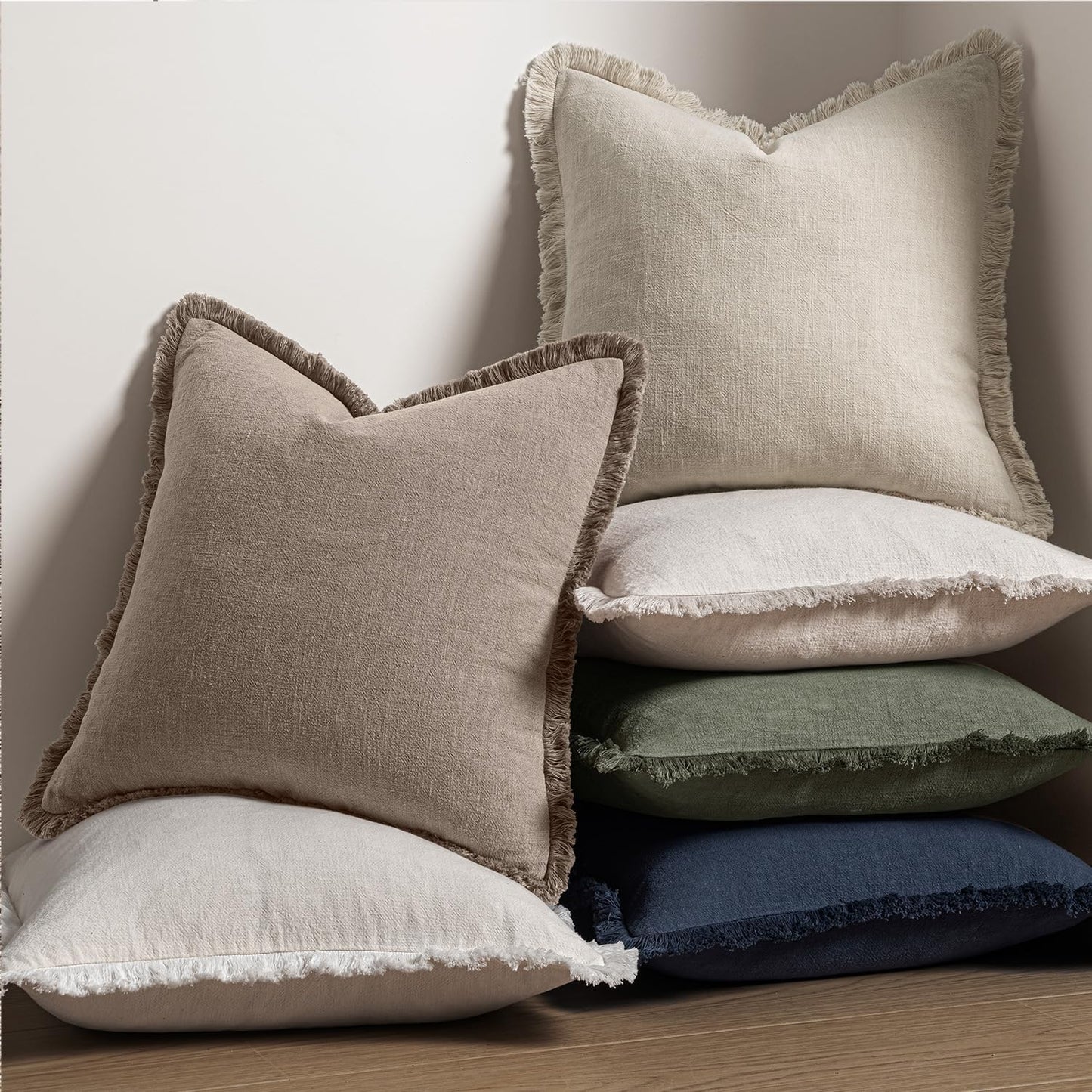MIULEE Decorative Throw Pillow Covers Neutral Linen Fringe Throw Pillows Set of 2 Natural Beige Boho Farmhouse Cushion Covers with Tassels for Couch Sofa Bed Spring Home Decor 20x20 Inch