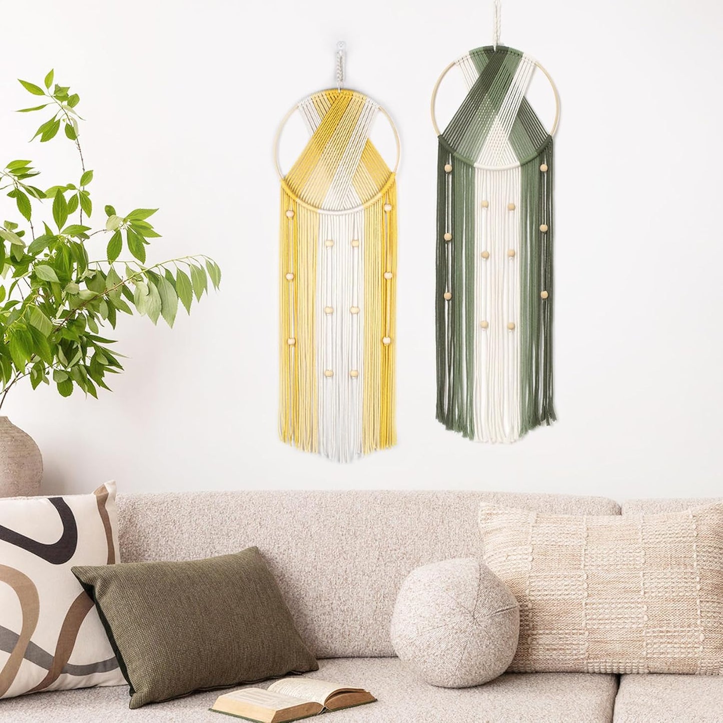 LB Boho Macrame Wall Hanging - Green and Beige Handmade Cotton Woven Decor, Modern Geometric Bohemian Tapestry Wall Decor for Bedroom Living Room Home (31.5"x9.84") Nature-Inspired Room Decor