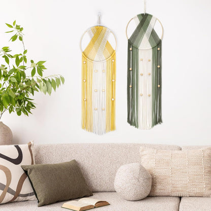 LB Boho Macrame Wall Hanging - Green and Beige Handmade Cotton Woven Decor, Modern Geometric Bohemian Tapestry Wall Decor for Bedroom Living Room Home (31.5"x9.84") Nature-Inspired Room Decor