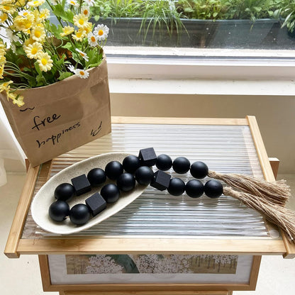 OMISHE Extra Large Wood Bead Garland with 1.6" Diameter Wooden Beads and Tassels, 41" Long Rustic Farmhouse Country Decorative Beads for Home Tiered Tray Decor, Natural Beige