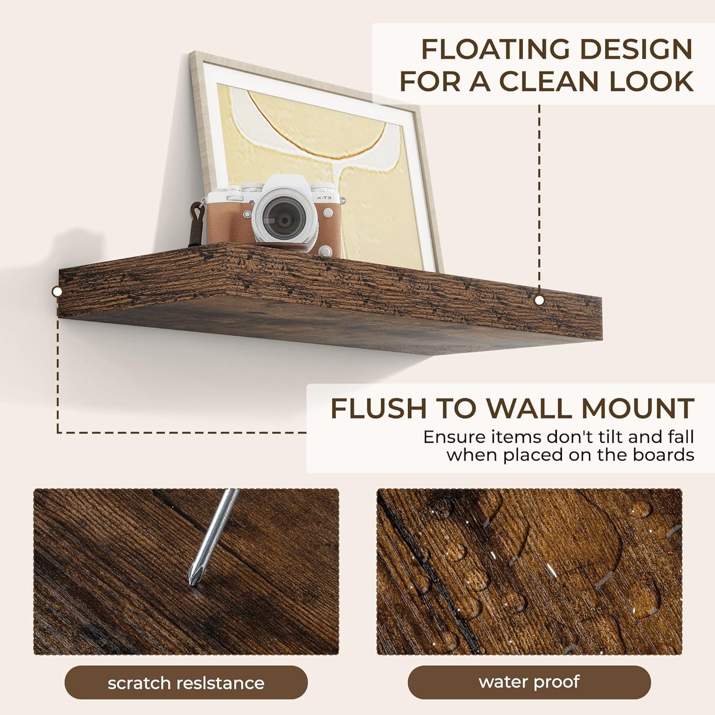 RICHFOCUS 72Inch Floating Shelves for Wall 2 Pack Shelves for Bedroom|Kitchen|Bathroom Wall Mounted Rustic Wood Floating Shelf with Invisible Brackets for Books|Storage|Decor, Rustic Brown