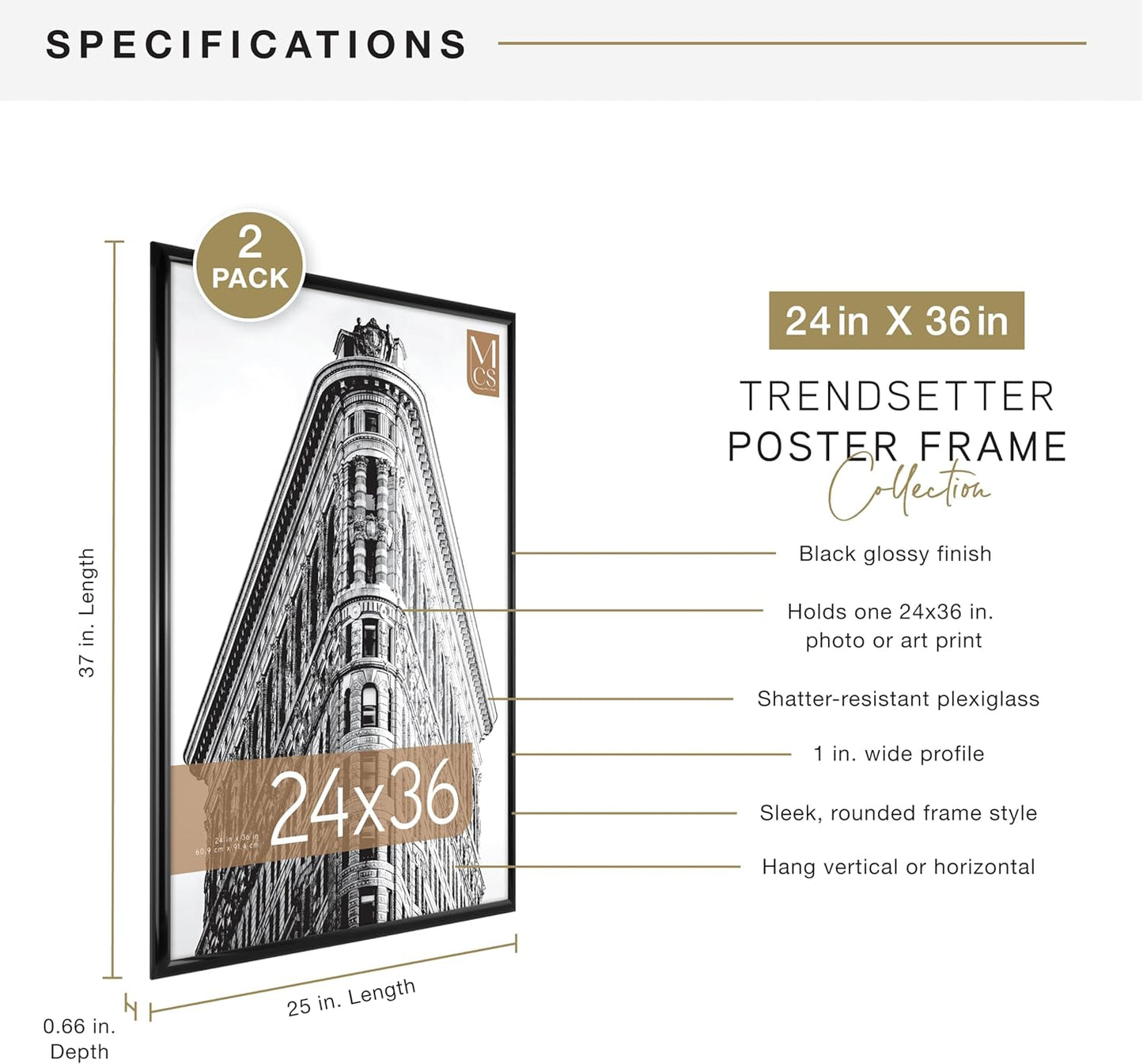 MCS Trendsetter 24x36 Poster Frame Black High-Gloss, Vertical & Horizontal Wall Hanging Large Picture Frame for Photos, Posters & Art Prints (1-Pack)