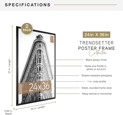 MCS Trendsetter 24x36 Poster Frame Black High-Gloss, Vertical & Horizontal Wall Hanging Large Picture Frame for Photos, Posters & Art Prints (1-Pack)