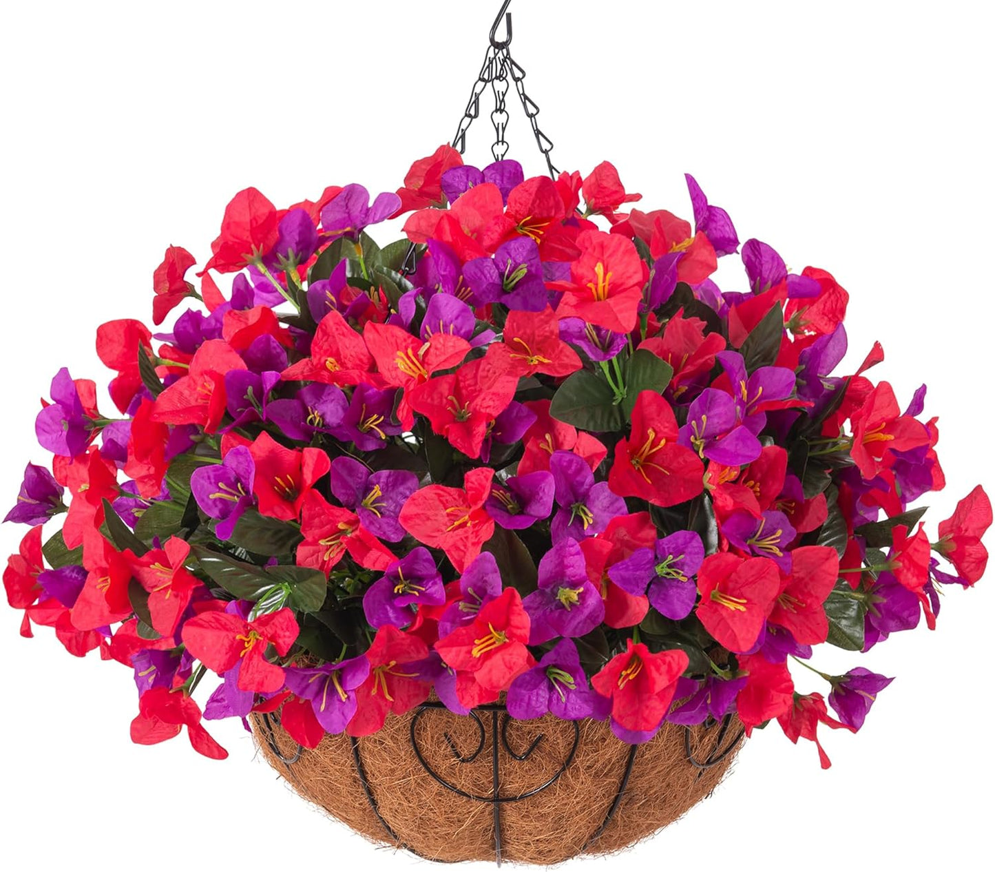 Artificial Hanging Flowers Faux Plants Basket for Outdoors Spring Summer Decor, Fake Silk Bougainvillea in Planter Outdoor Look Real UV Resistant Faux Flower for Outside Porch Patio Garden Home, White