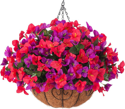 Artificial Hanging Flowers Faux Plants Basket for Outdoors Spring Summer Decor, Fake Silk Bougainvillea in Planter Outdoor Look Real UV Resistant Faux Flower for Outside Porch Patio Garden Home, White