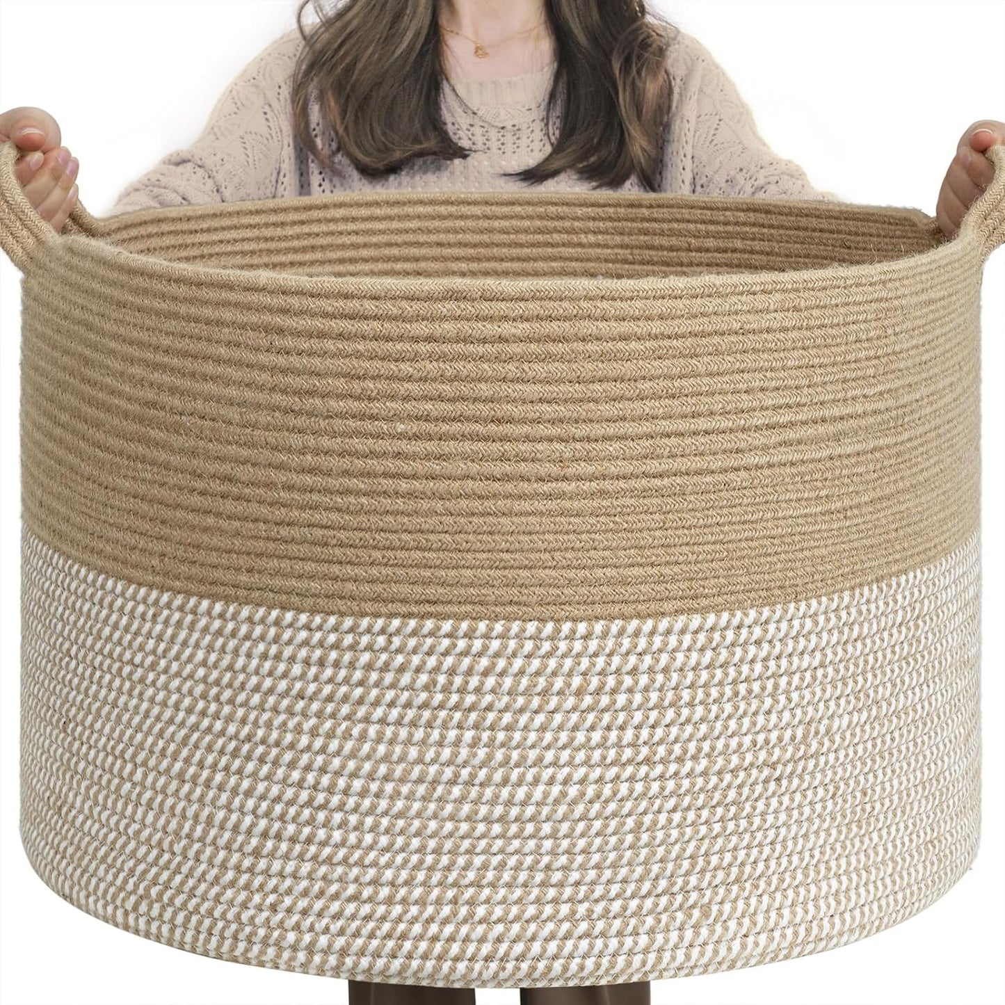 INDRESSME XXXLarge Blanket Basket for Living Room 21.7" x 21.7" x 13.8"-Storage Basket with Handle for Organizing Toy Pillows Woven Cotton Rope Laundry Basket Stuffed Animal Toy Storage for Play Room