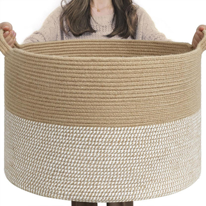 INDRESSME XXXLarge Blanket Basket for Living Room 21.7" x 21.7" x 13.8"-Storage Basket with Handle for Organizing Toy Pillows Woven Cotton Rope Laundry Basket Stuffed Animal Toy Storage for Play Room