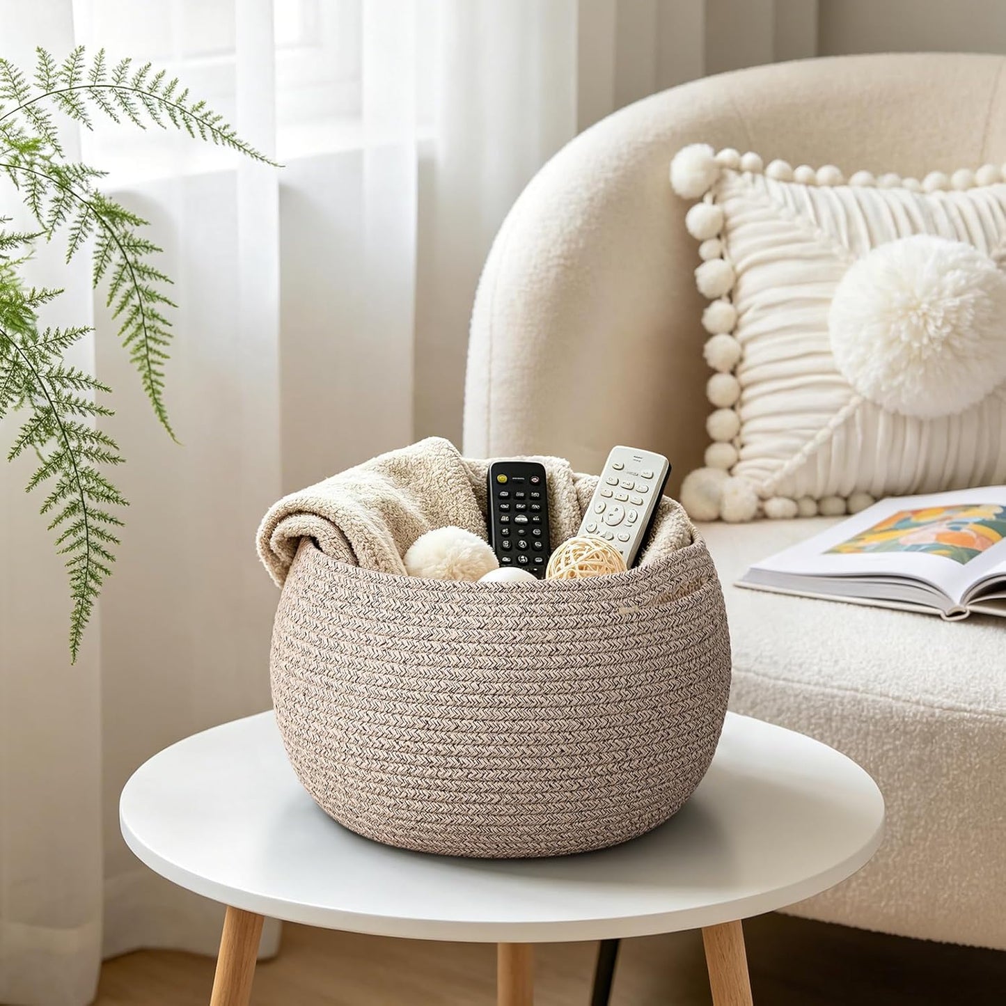 Goodpick Wicker Storage Basket for Living Room, Small Round Woven Basket for Toys, Towel, Bedroom, Children Corner Decoration Plant Baskets Indoor, Jute, 10"D x 8.3"H