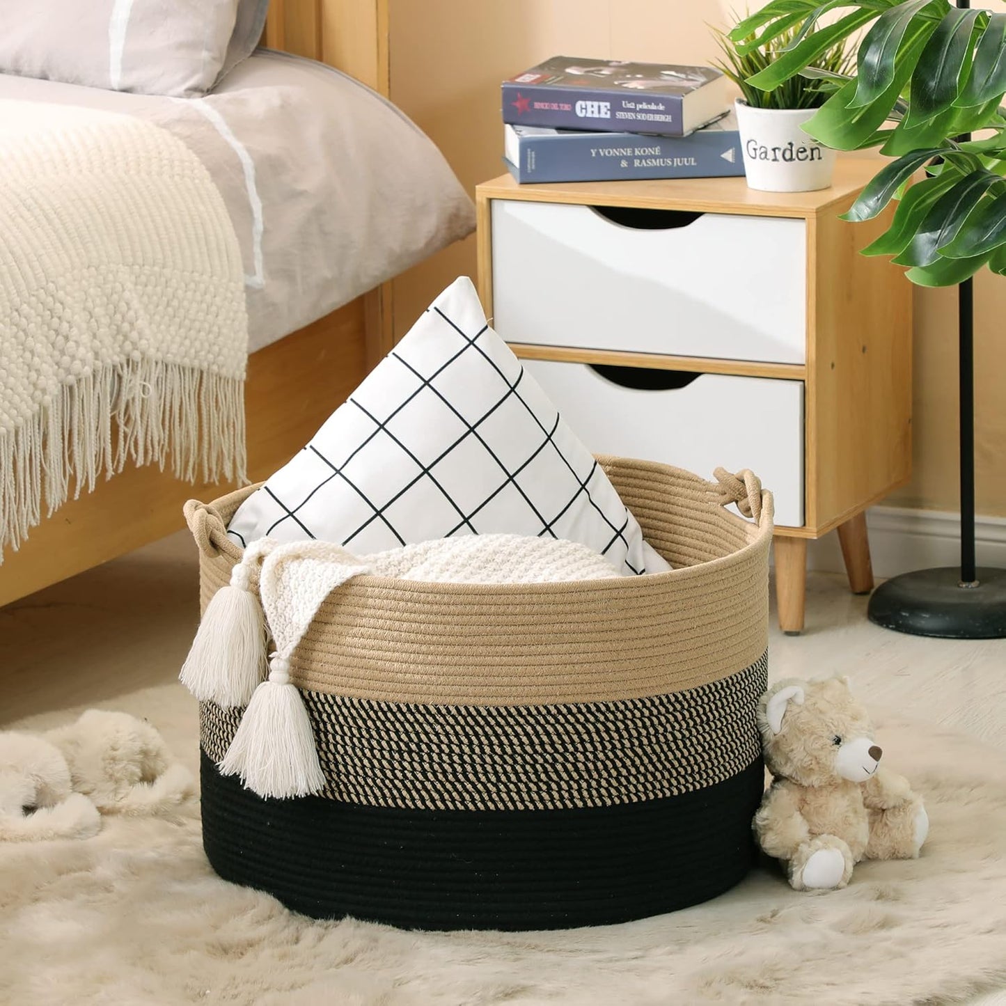 KAKAMAY Large Blanket Basket (20"x13"),Woven Baskets for storage Baby Laundry Hamper, Cotton Rope Blanket Basket for Living Room, Laundry, Nursery, Pillows, Baby Toy chest (White/Brown)