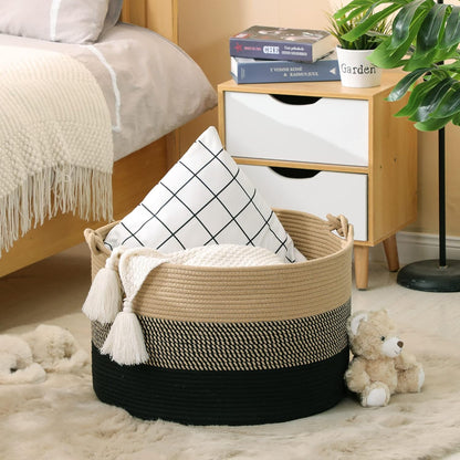 KAKAMAY Large Blanket Basket (20"x13"),Woven Baskets for storage Baby Laundry Hamper, Cotton Rope Blanket Basket for Living Room, Laundry, Nursery, Pillows, Baby Toy chest (White/Brown)