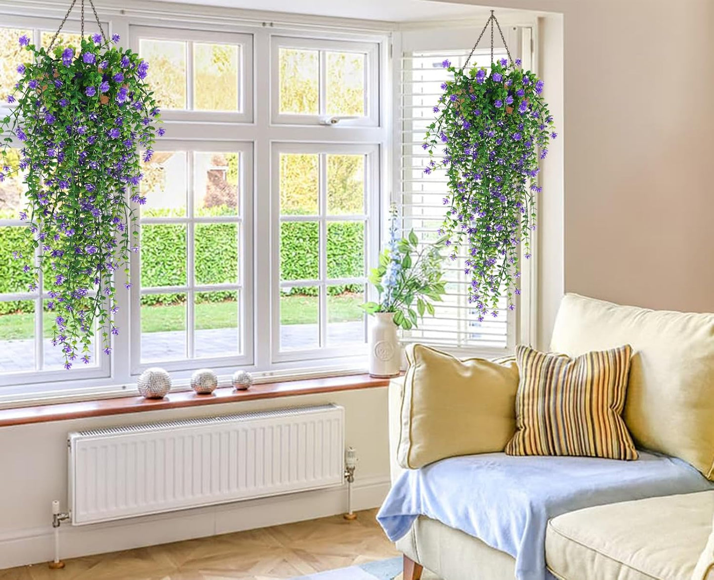 RECUTMS Artificial Hanging Plants Fake Hanging Plant Faux Eucalyptus Leaf Greenery Vine Outdoor UV Resistant Plastic Plants Home Garden Wedding Party Indoor Outdoor Decorations(White)