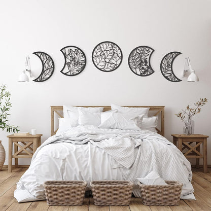 Jetec 5 Pcs Moon Phase Wall Art Decor Wall Pediments Hanging Wooden Phase Spiritual Bedroom Nordic Boho Lunar Aesthetic Art for Living Room Dorm Apartment Ornament(Brown,10.6 Inch,Botanical)