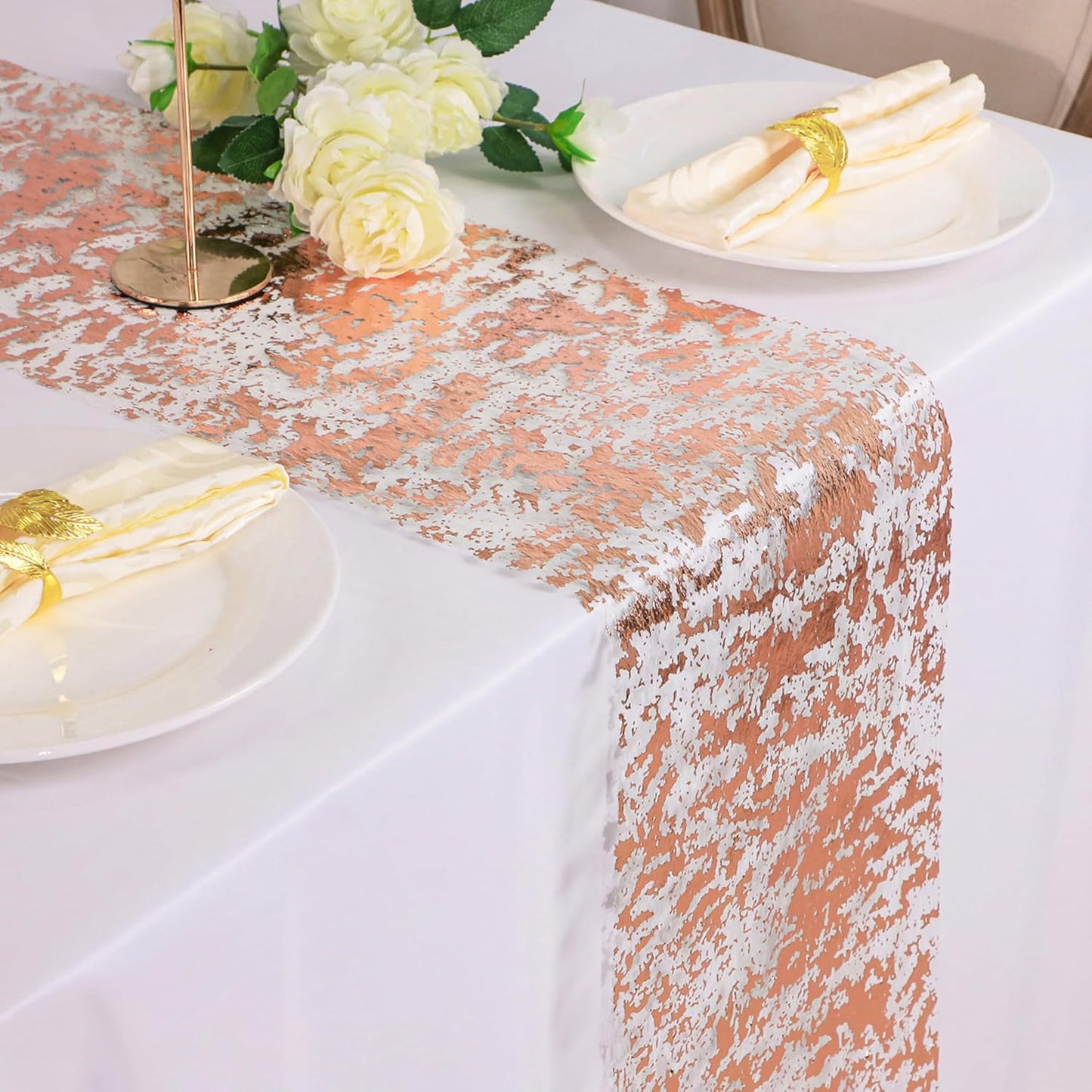 Snowkingdom 2 Pieces Gold Table Runner, Sequin Glitter Foil Metallic Thin Mesh Runner Roll 11"x108", Gold Table Decorations for Event Party, Wedding, Birthday Party, Christmas