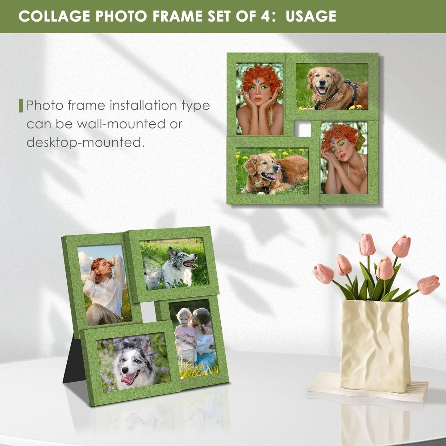 DUENPY 4x6 Collage Picture Frame Tempered Glass Front, Displays Four 4x6 Photo, Family Photo Collage Frame, Wall Decor Wall Hanging or Tabletop, Brown