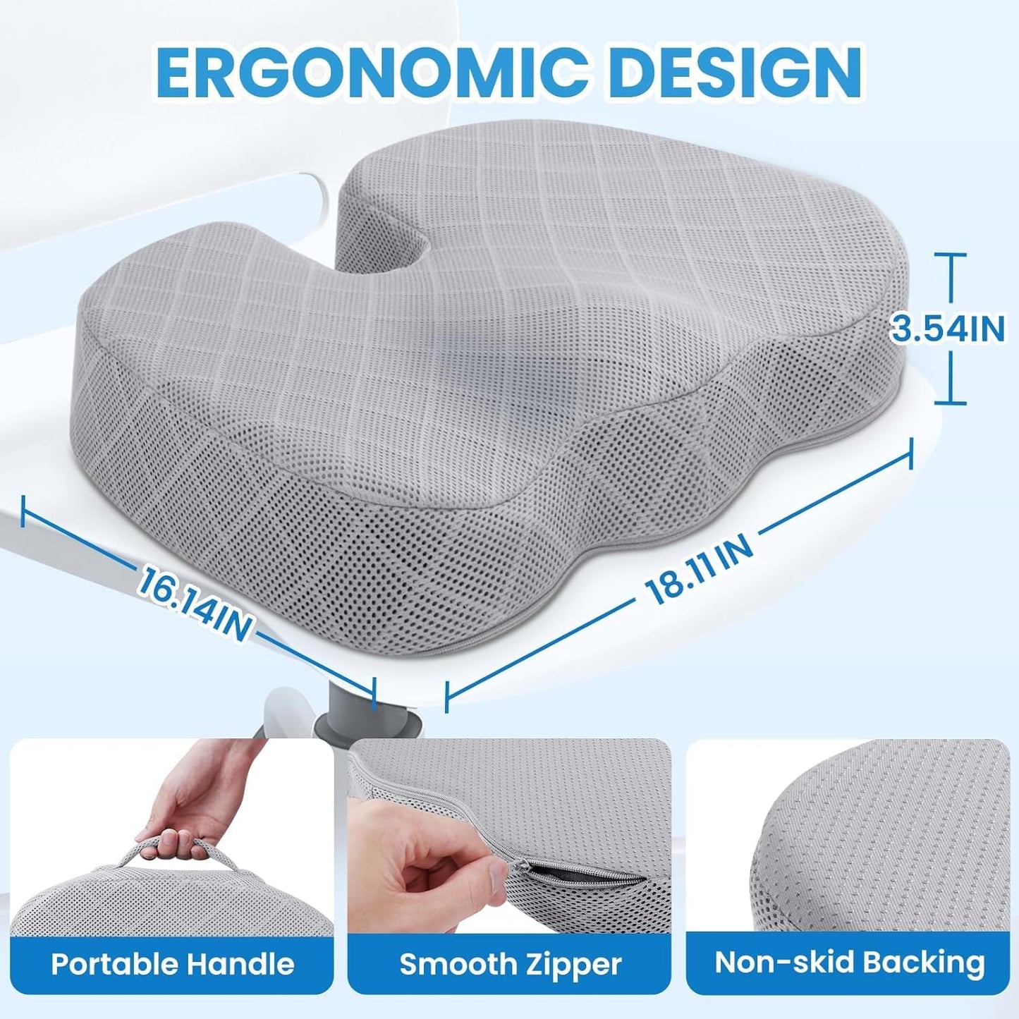 TushGuard Seat Cushion - Memory Foam Cushion for Office Chair, Car Seat, Airplane, Bleacher - Sciatica & Hip & Coccyx Pain Relief Desk Chair Cushion for Long Sitting Office Workers, Car Drivers